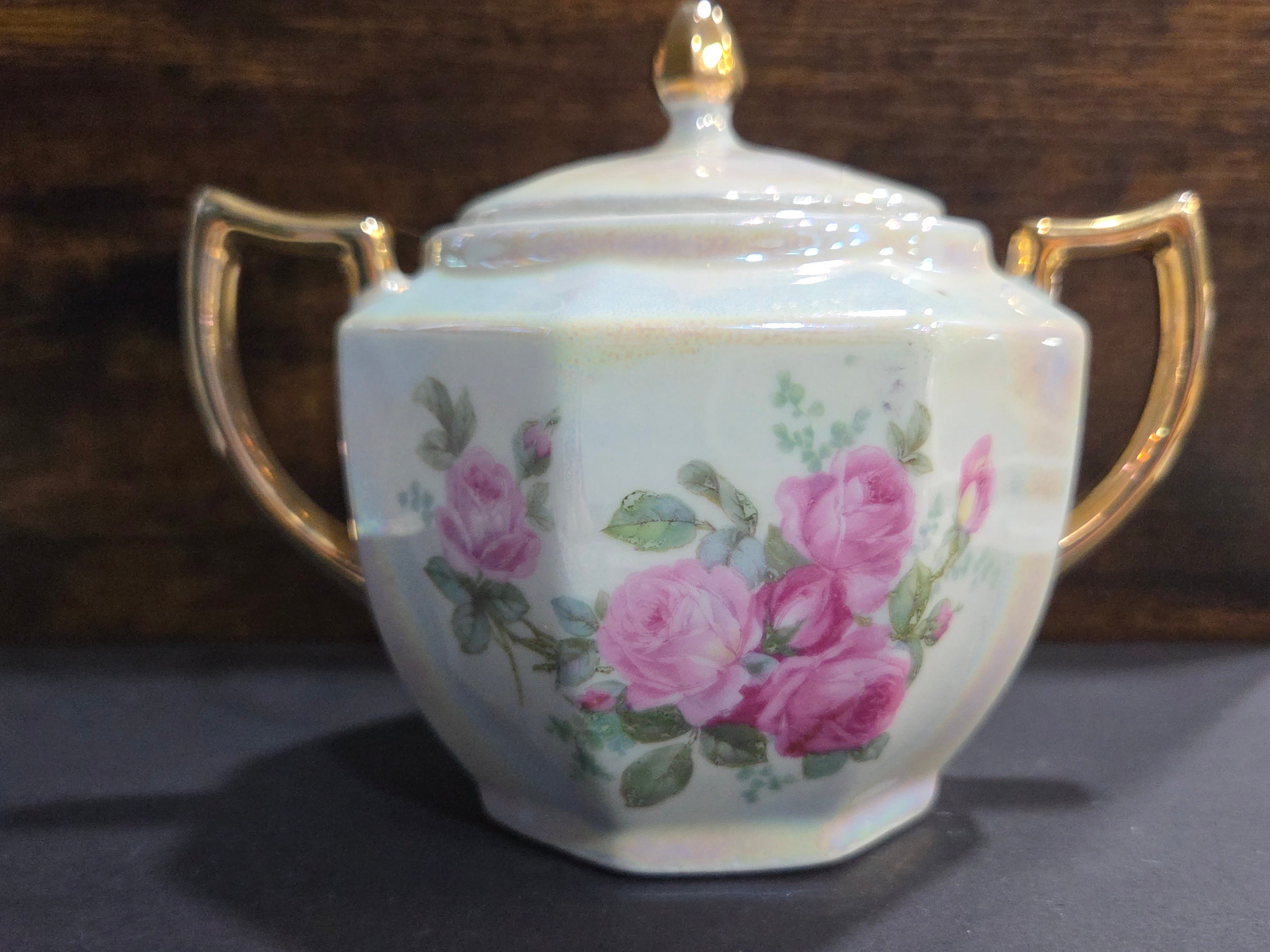 Eleanor Bavaria Lustreware Sugar Bowl with Lid - Hand-Painted Pink Roses
