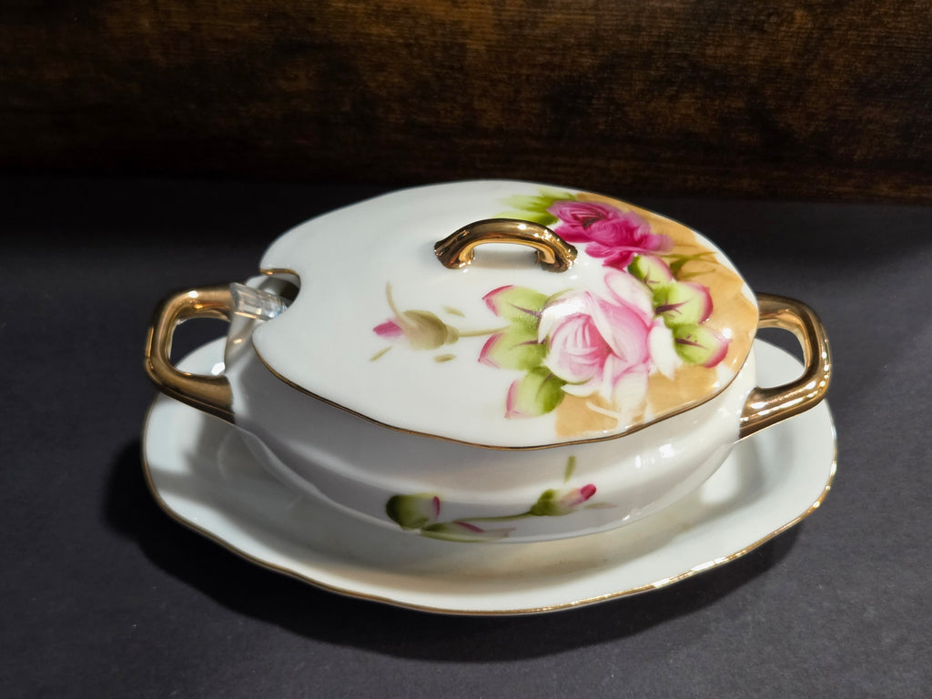 Lefton Sugar Bowl with Lid - Vintage 1950s Hand-Painted Pink Roses