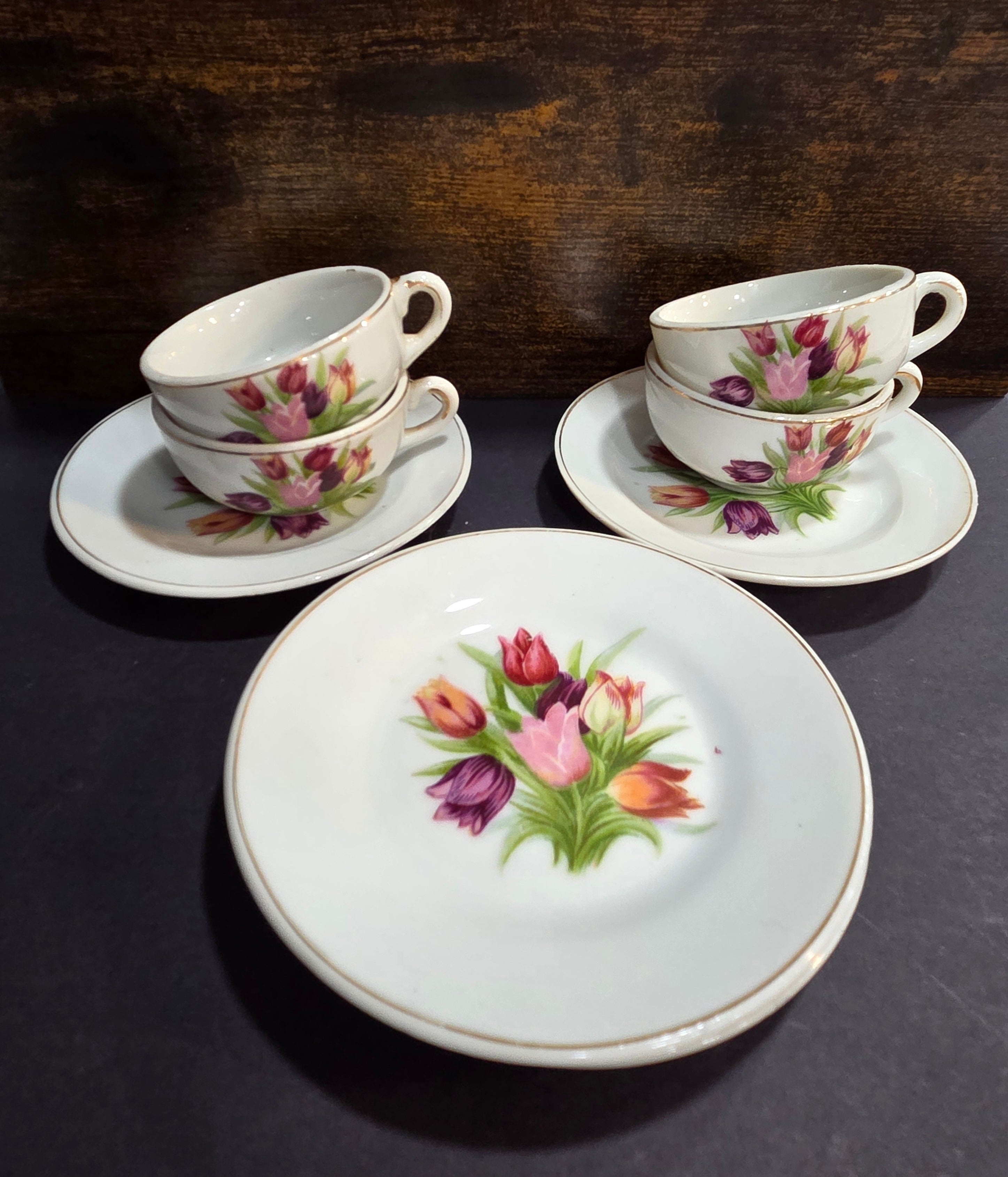Vintage Japanese Miniature Tulip Tea Cup Set - 4 Cups & Saucers