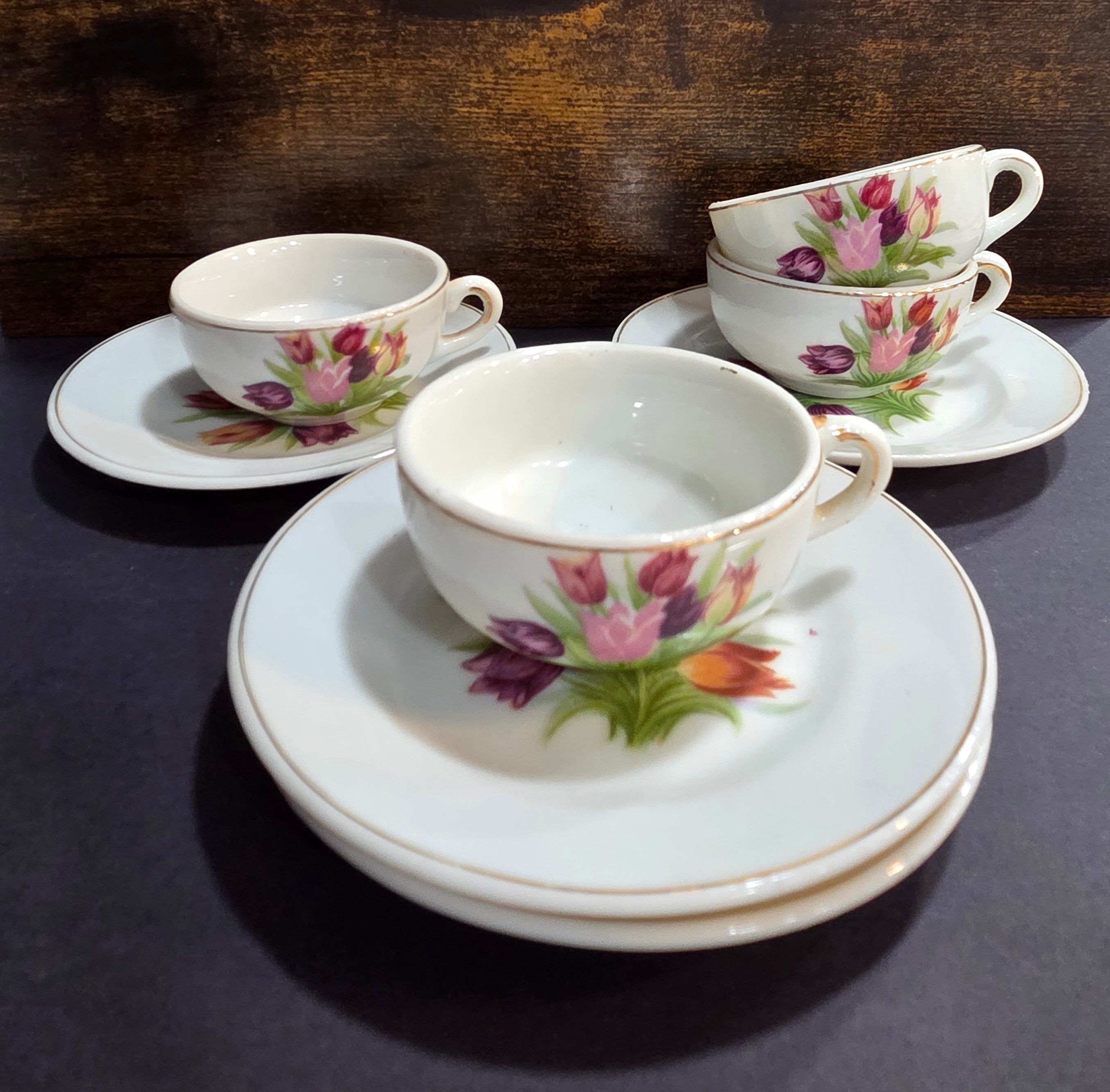 Vintage Japanese Miniature Tulip Tea Cup Set - 4 Cups & Saucers