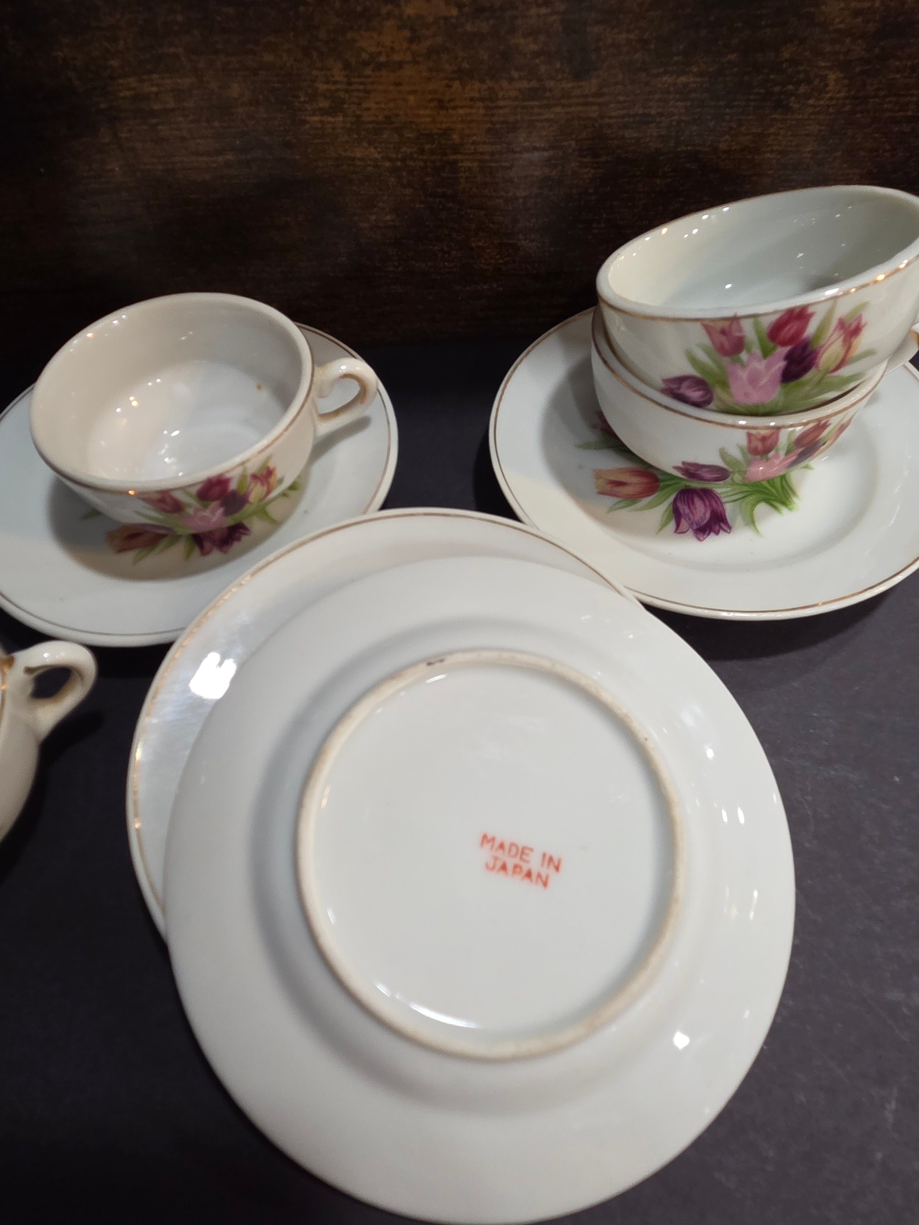 Vintage Japanese Miniature Tulip Tea Cup Set - 4 Cups & Saucers