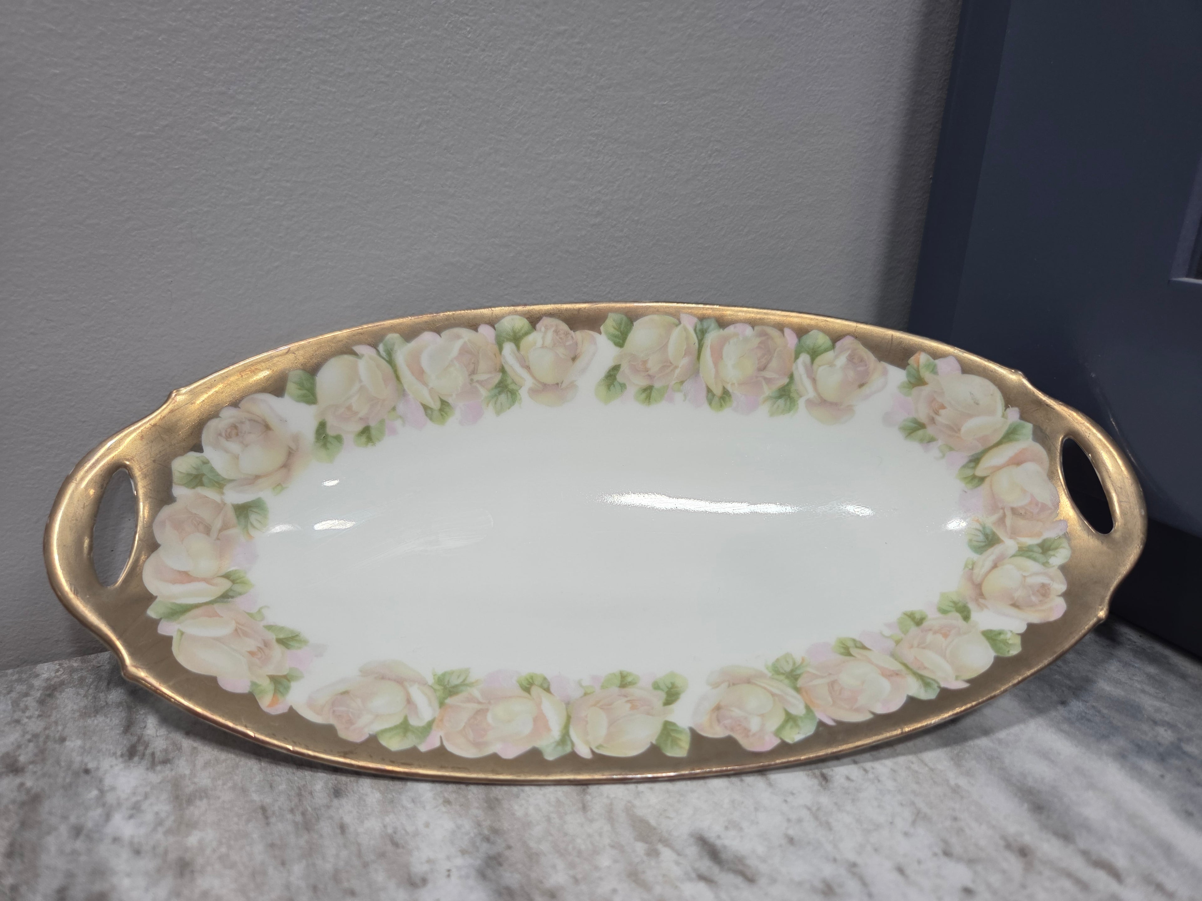 Bavaria Germany 10" Oval Relish Dish with Handles - Vintage Floral Porcelain