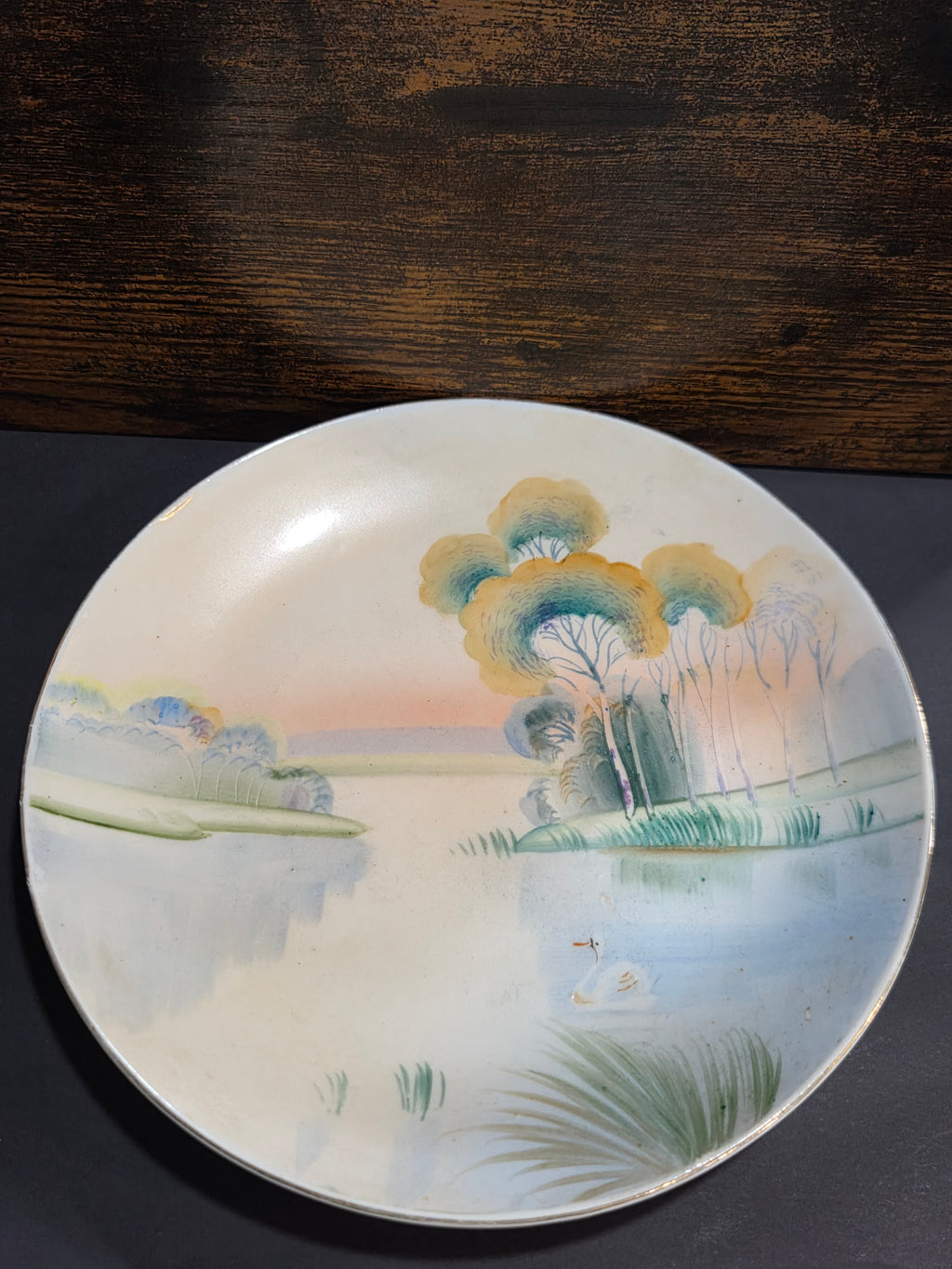 Vintage Nippon Hand-Painted Plate - Sunset with Swan, Gold Rim 7.5"