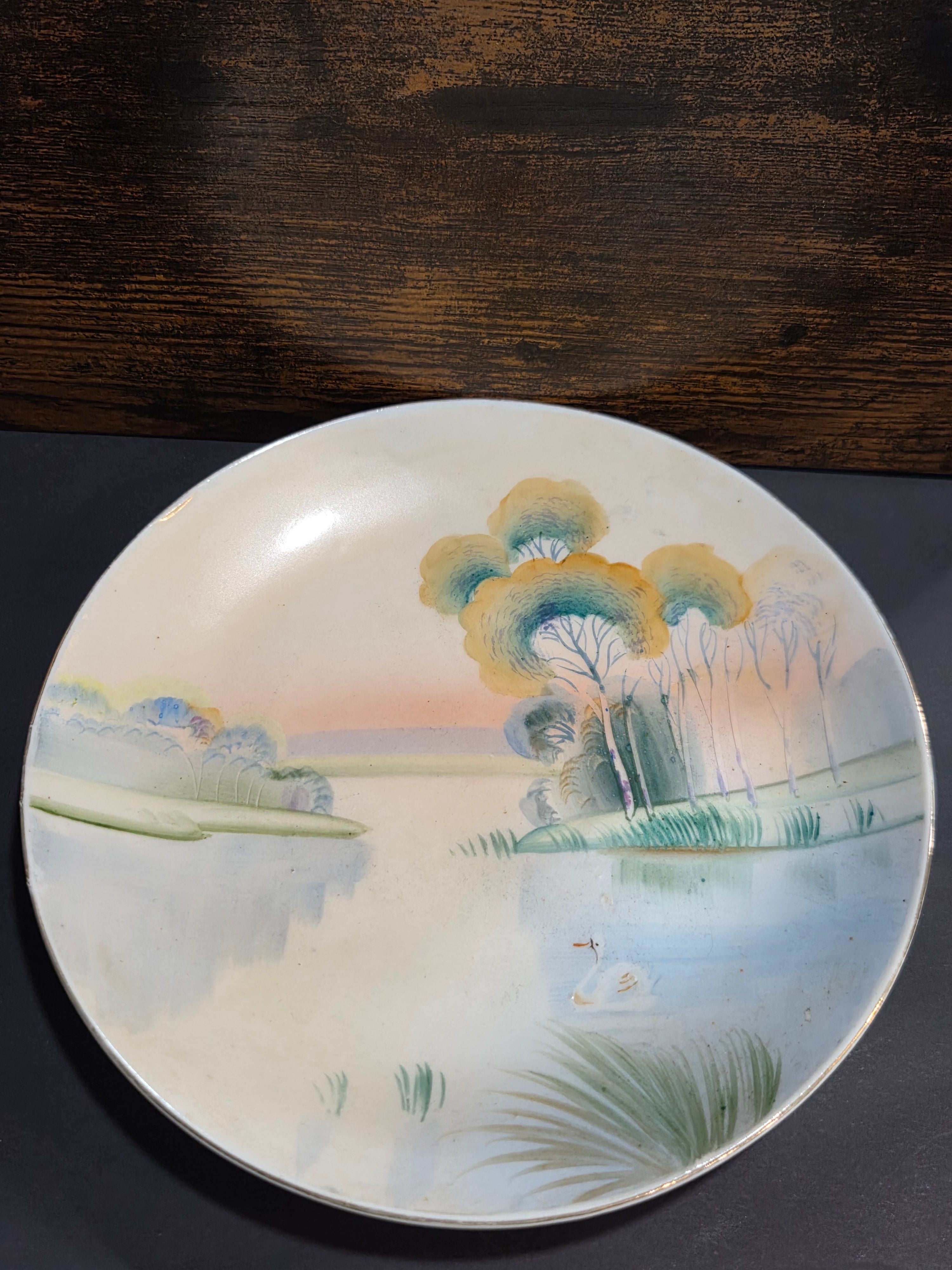 Vintage Nippon Hand-Painted Plate - Sunset with Swan, Gold Rim 7.5"