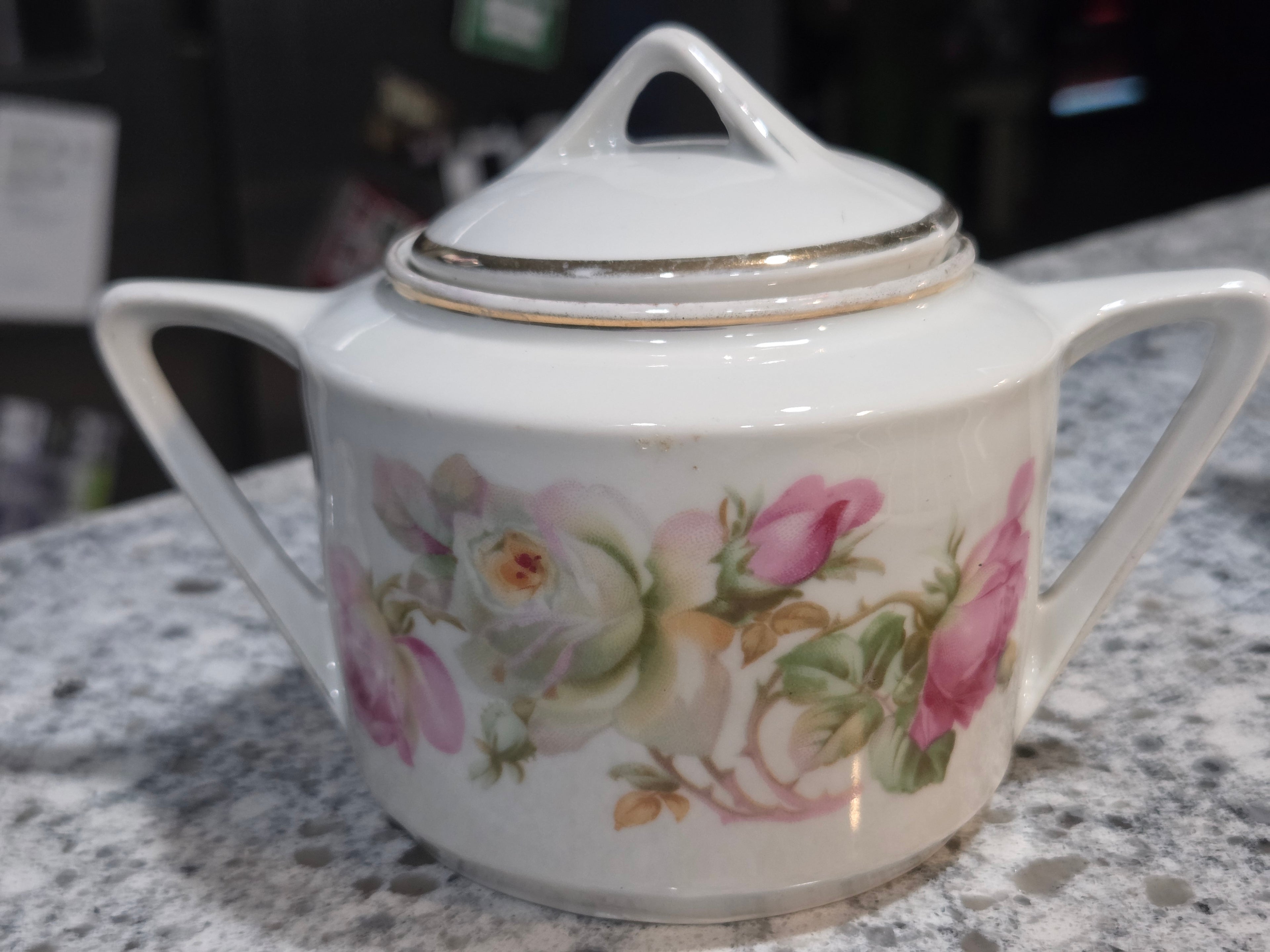 Antique German Sugar Bowl - Gold Rimmed Floral Design