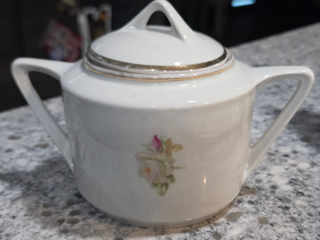 Antique German Sugar Bowl - Gold Rimmed Floral Design