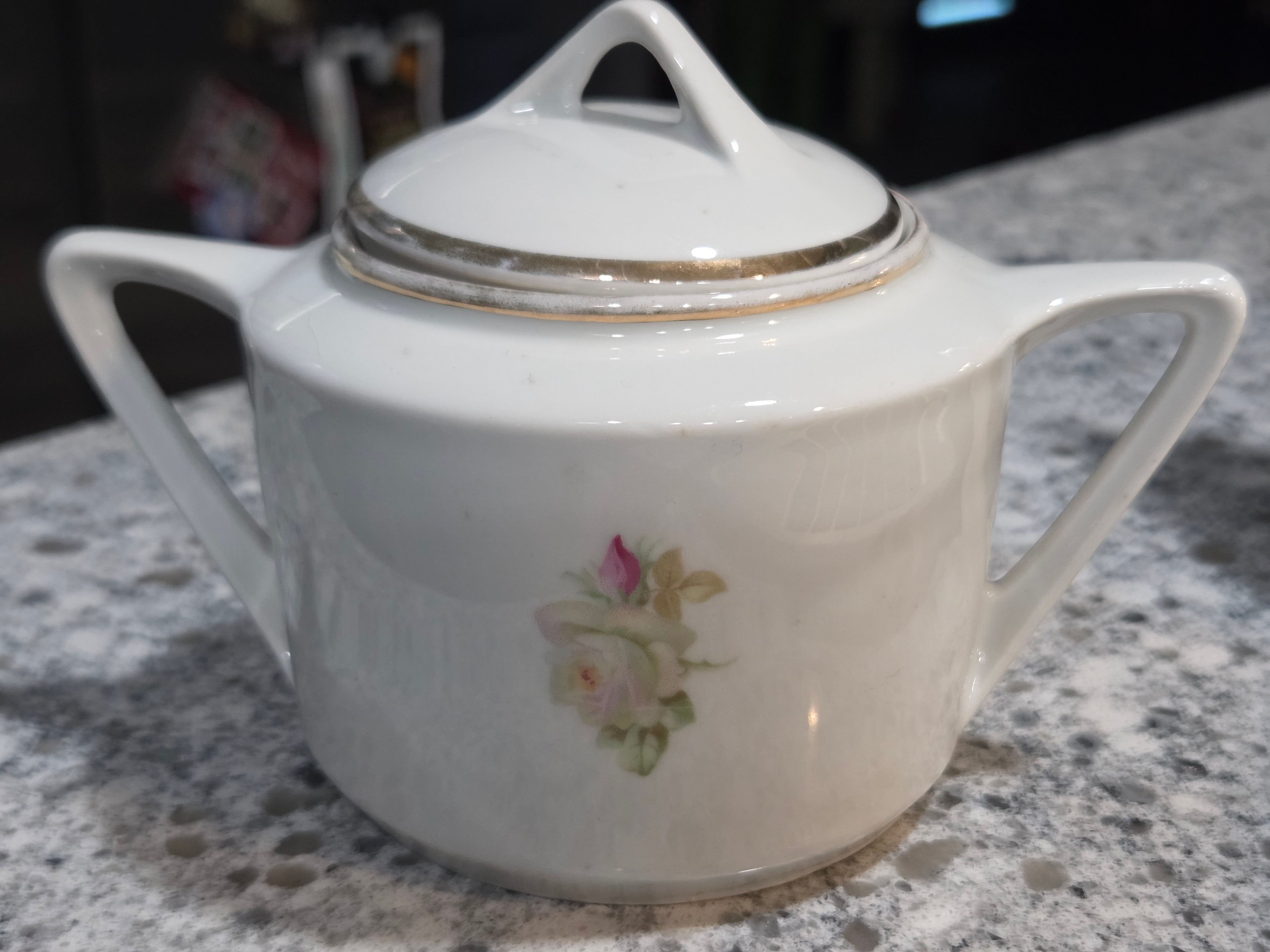 Antique German Sugar Bowl - Gold Rimmed Floral Design
