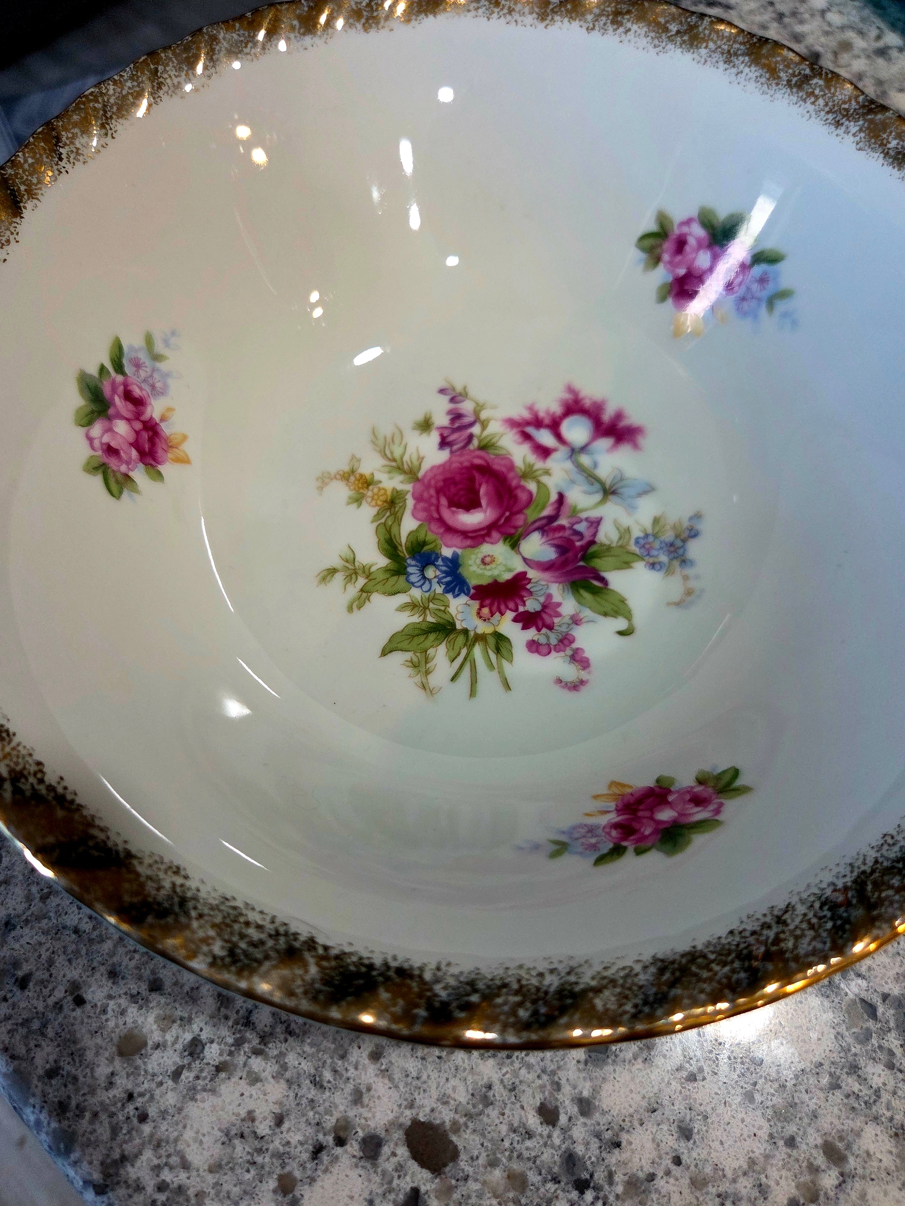 Vintage Japanese Floral Serving Bowl with Gold Rim - 8.25" Made in Japan