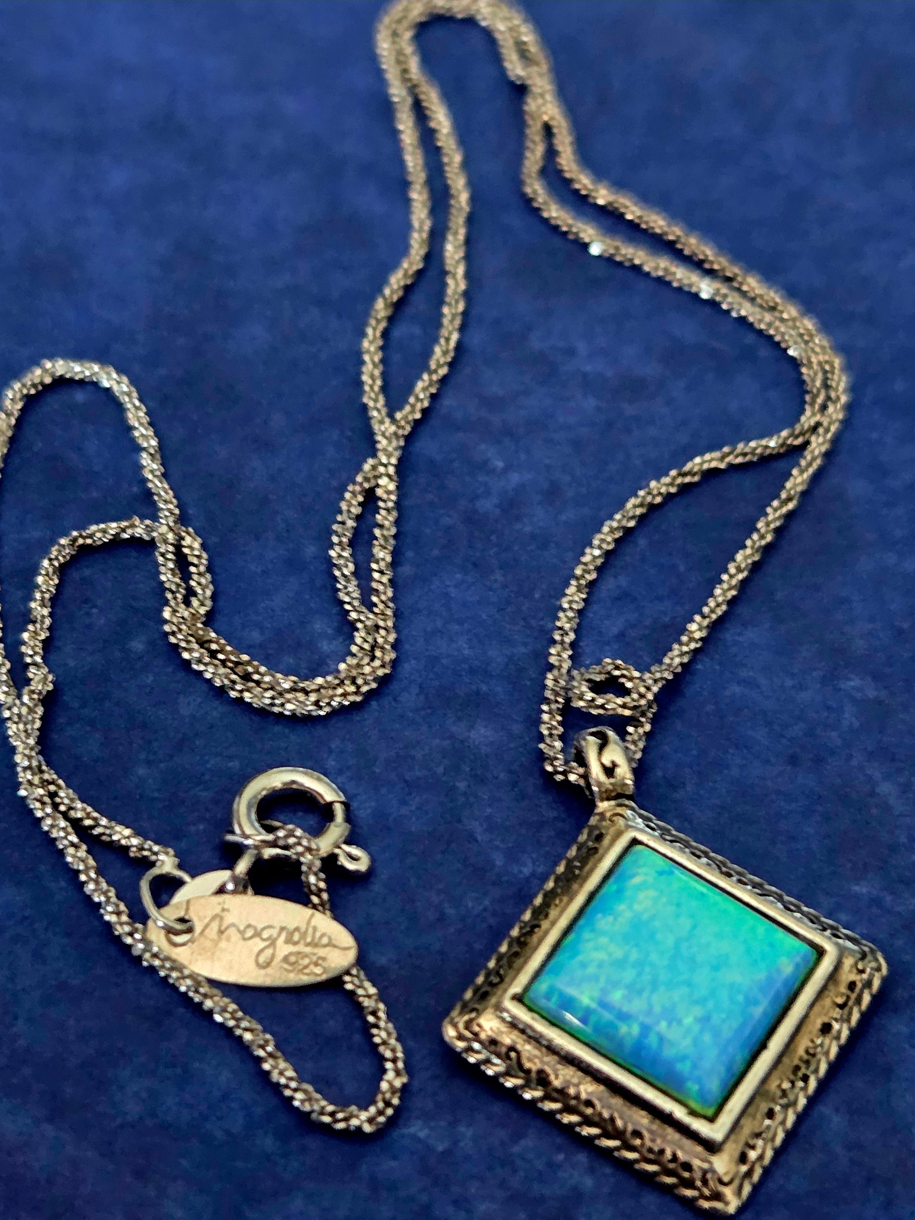 Bili Designer Opal Square Pendant Necklace – .925 Sterling Silver