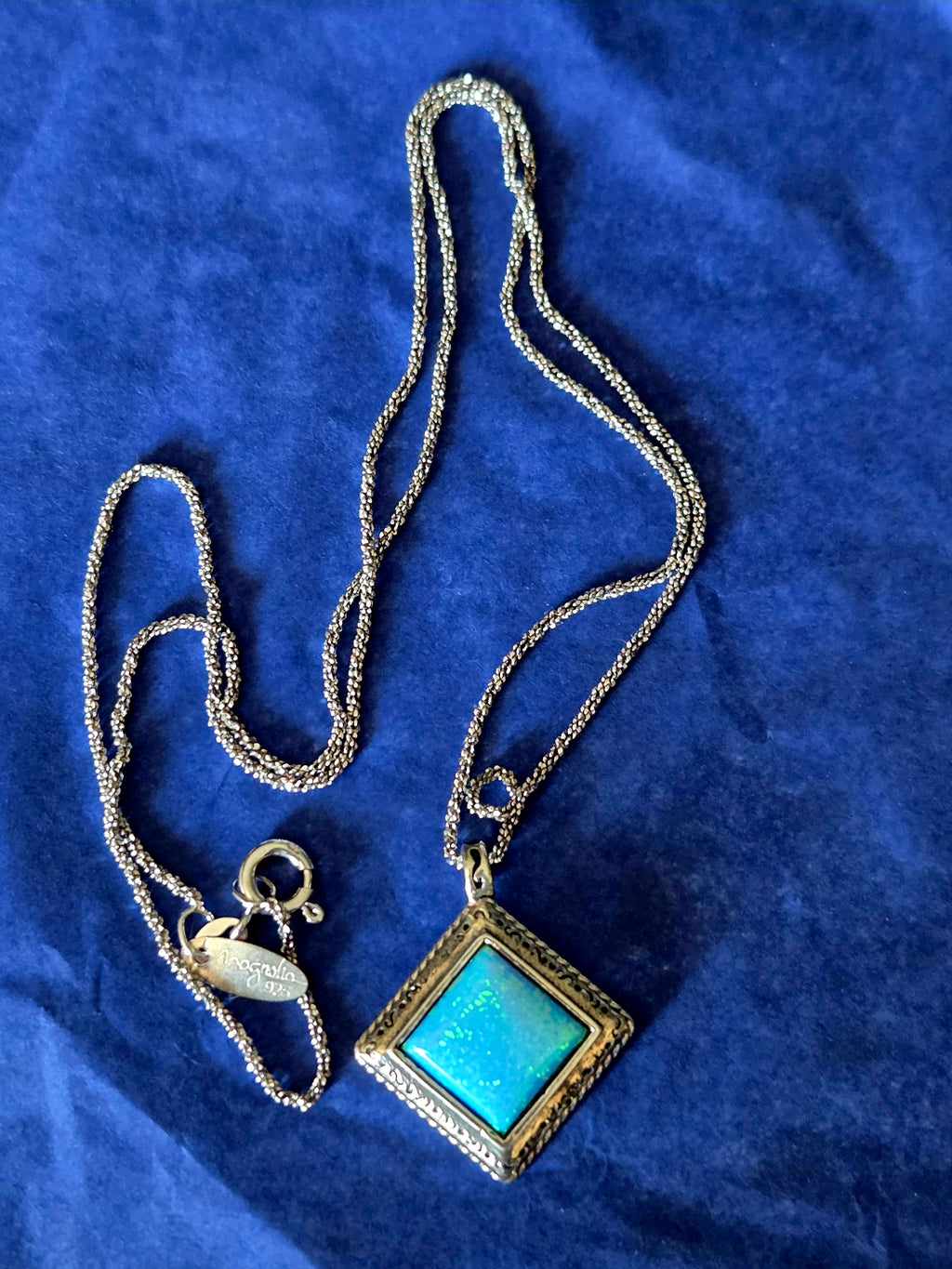 Bili Designer Opal Square Pendant Necklace – .925 Sterling Silver