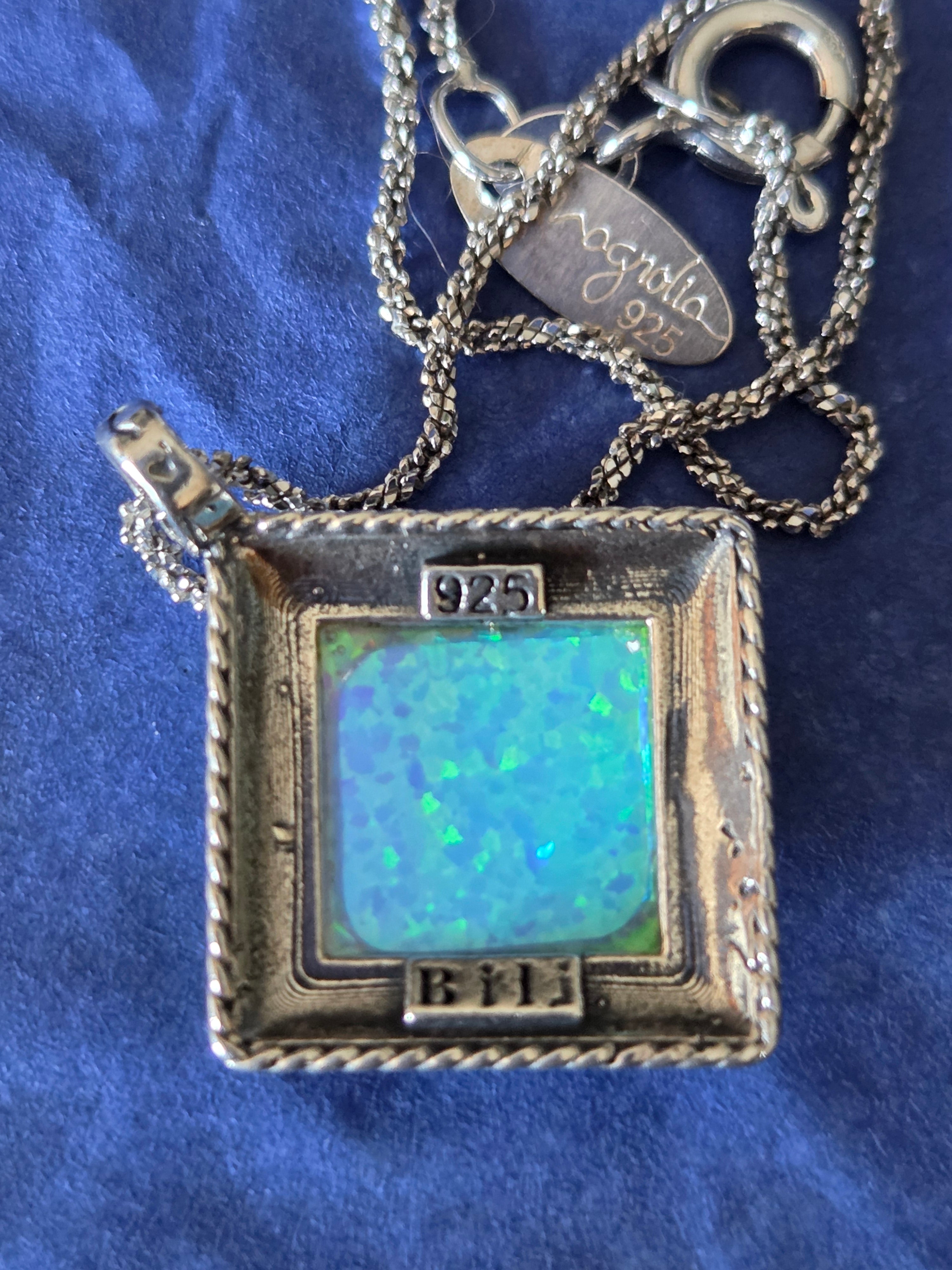 Bili Designer Opal Square Pendant Necklace – .925 Sterling Silver