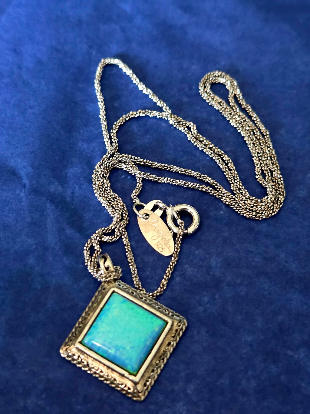 Bili Designer Opal Square Pendant Necklace – .925 Sterling Silver