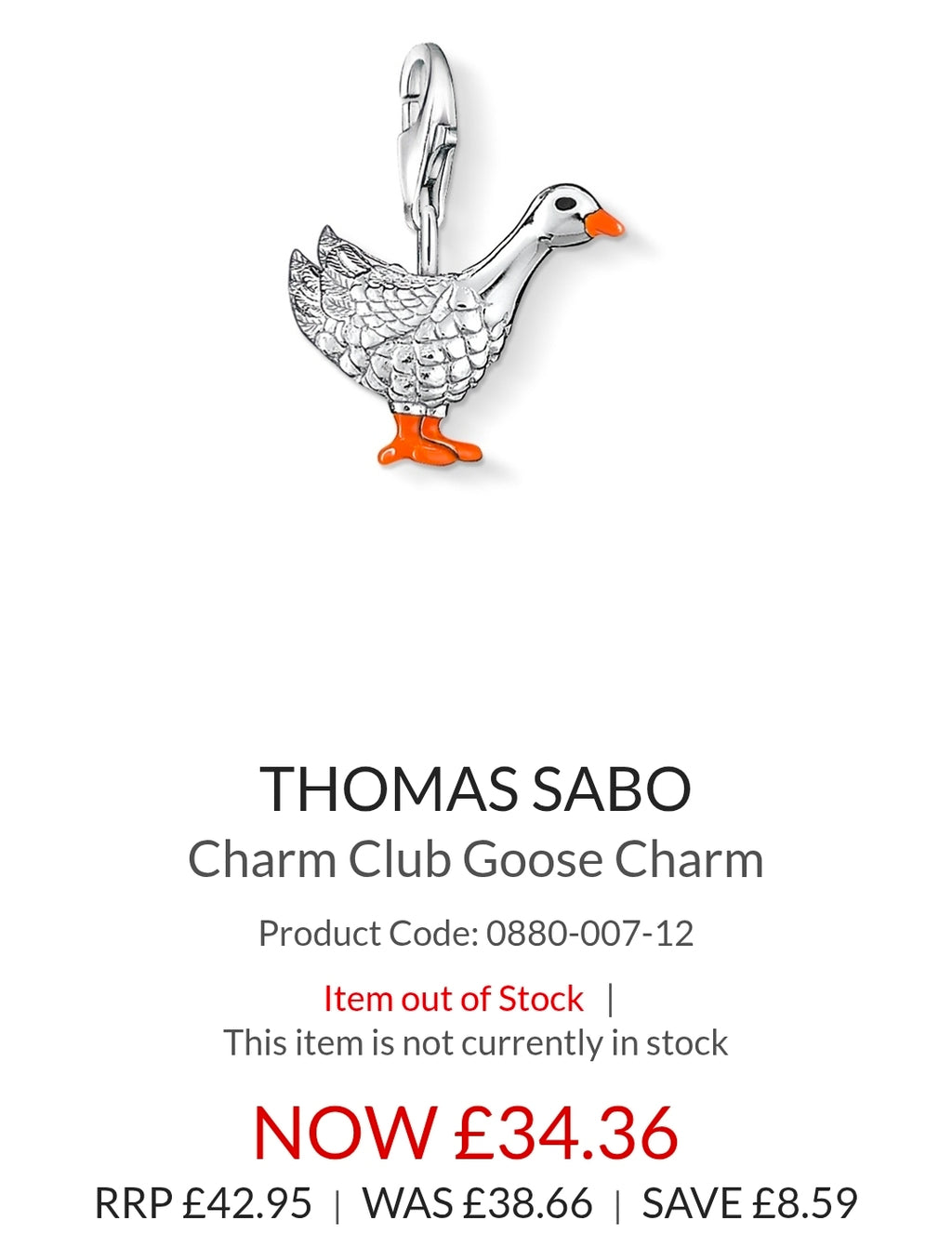 Thomas Sabo Goose Charm – .925 Sterling Silver Charm Club (0880-007-12)