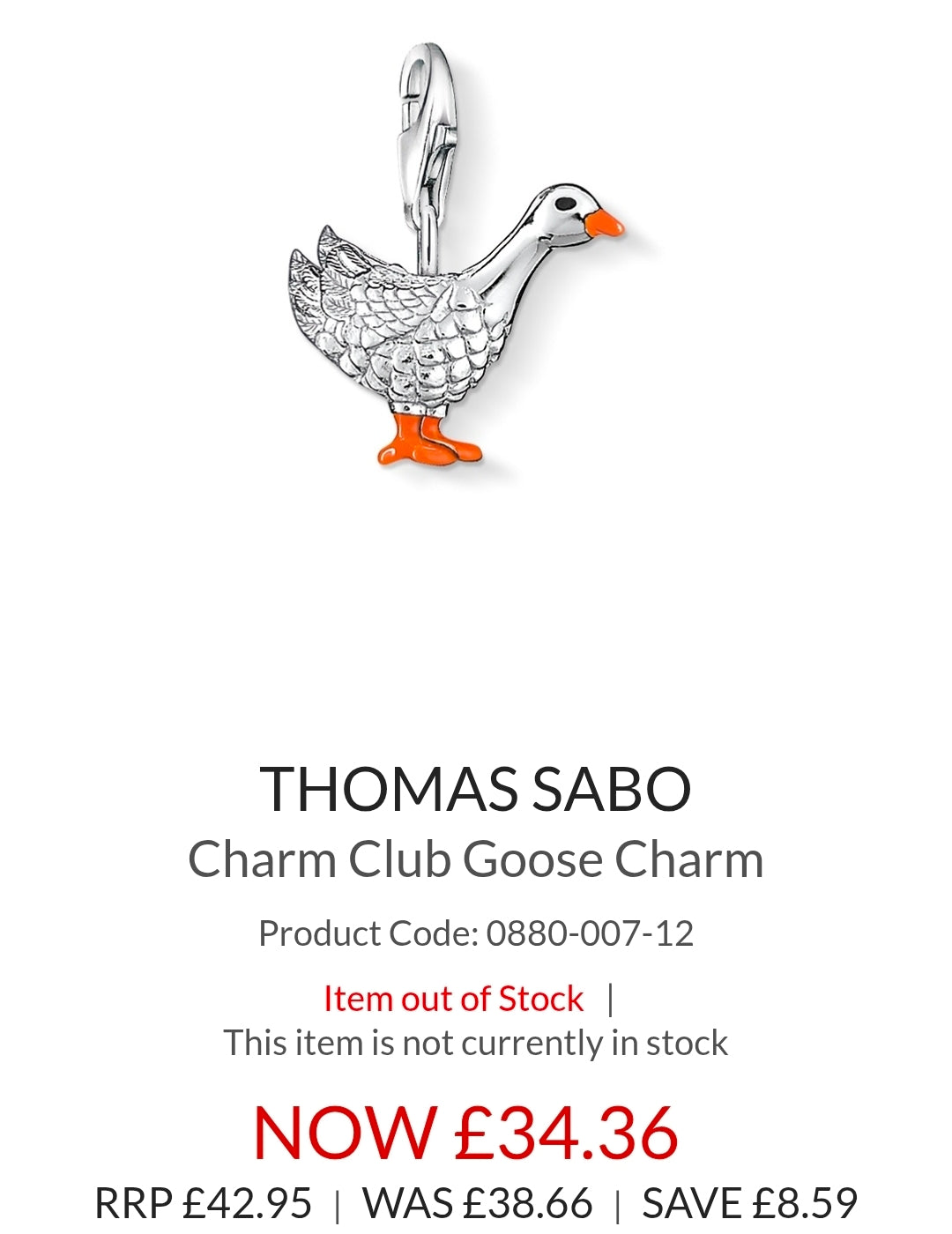 Thomas Sabo Goose Charm – .925 Sterling Silver Charm Club (0880-007-12)
