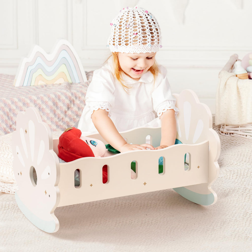 Wooden Doll Rocking Cradle with Bedding for 18" Dolls - Seashell