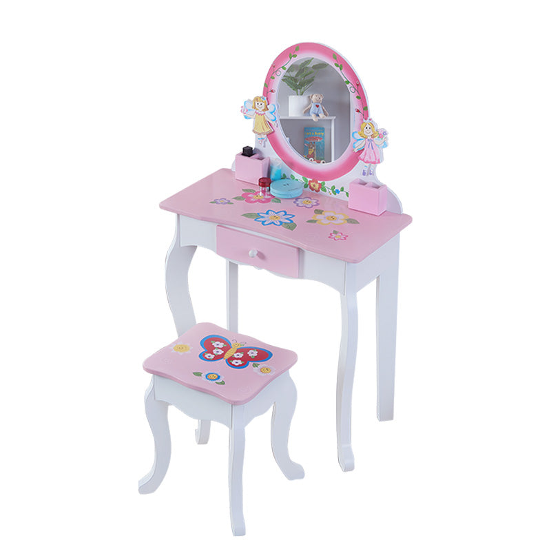 Kids Wooden Vanity Table with Mirror and Stool - Pink
