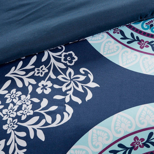 Queen Boho Comforter & Sheet Set - Navy Medallion Print Bedding