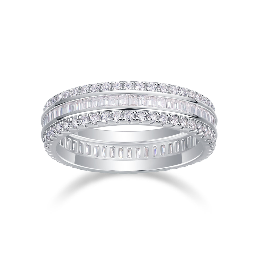 Double Row Square Moissanite Sterling Silver Ring