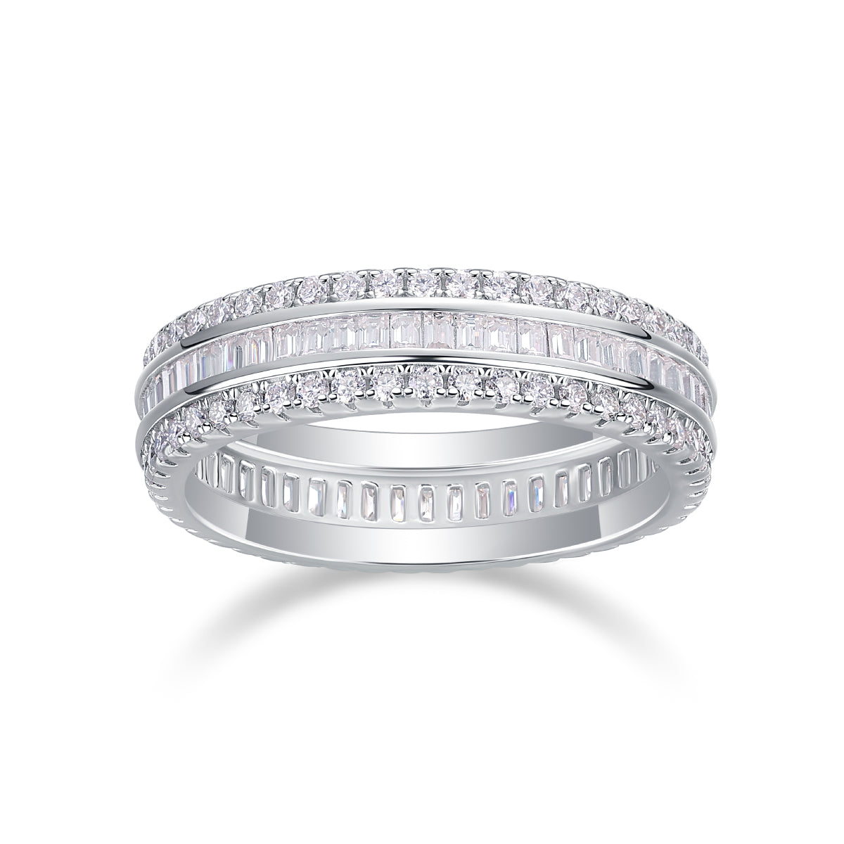 Double Row Square Moissanite Sterling Silver Ring
