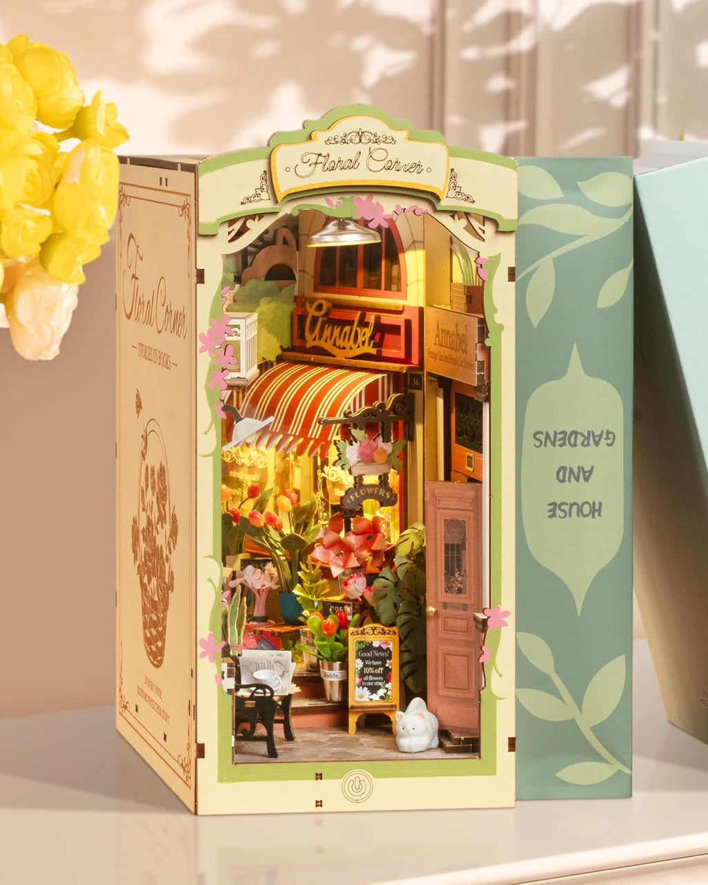 Rolife Floral Corner DIY Book Nook Shelf Insert Kit 3D Wooden Dollhouse