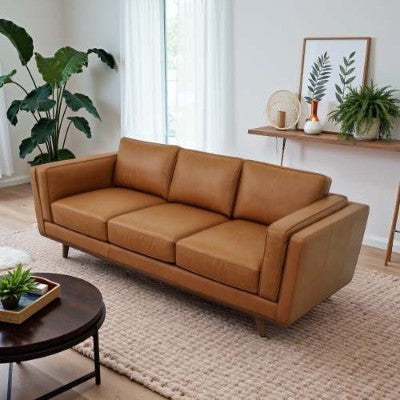 Mid-Century Modern Leather Sofa - 3-Seat Tan Genuine Leather Couch