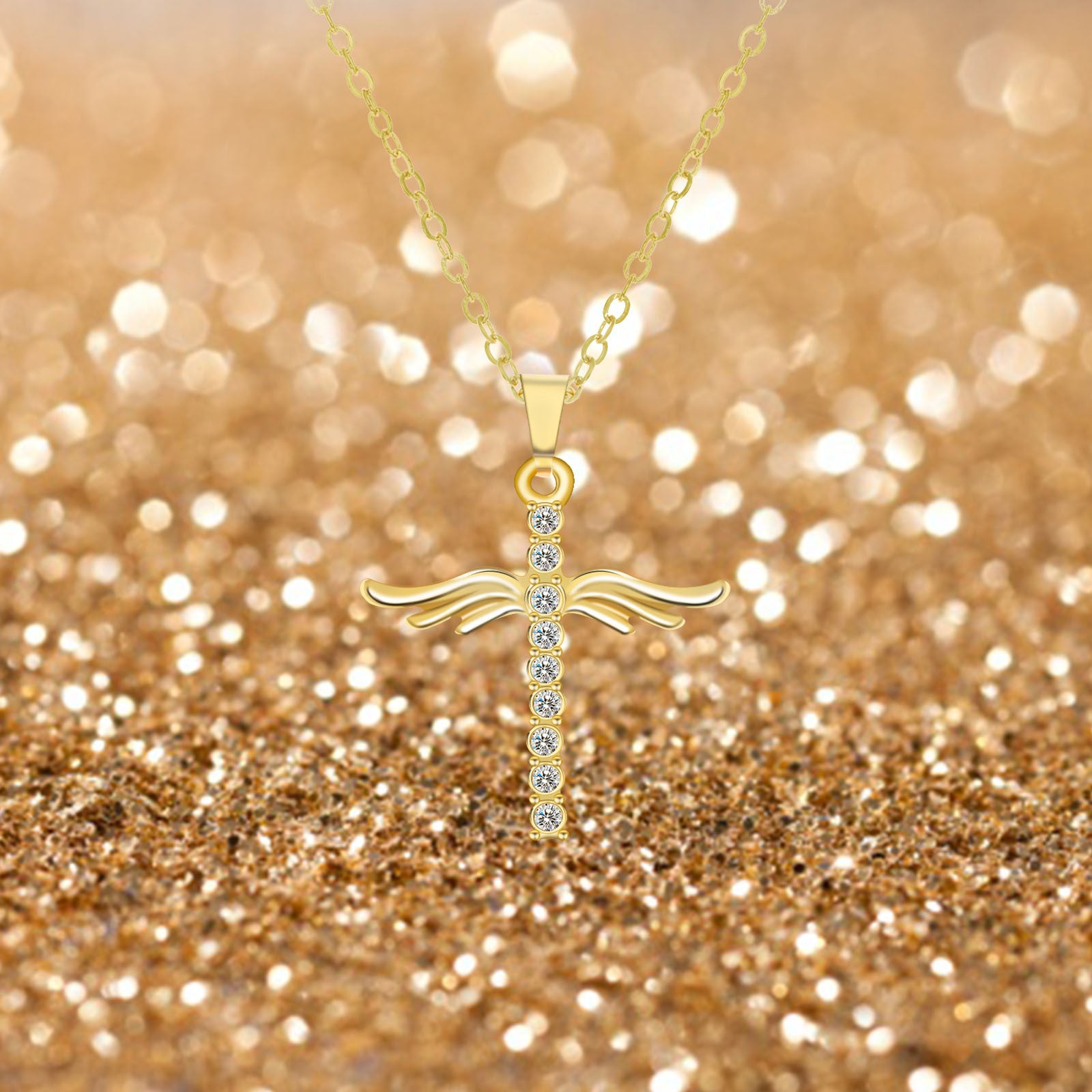 Angel Wings Cross Pendant Necklace with Stainless Steel Chain