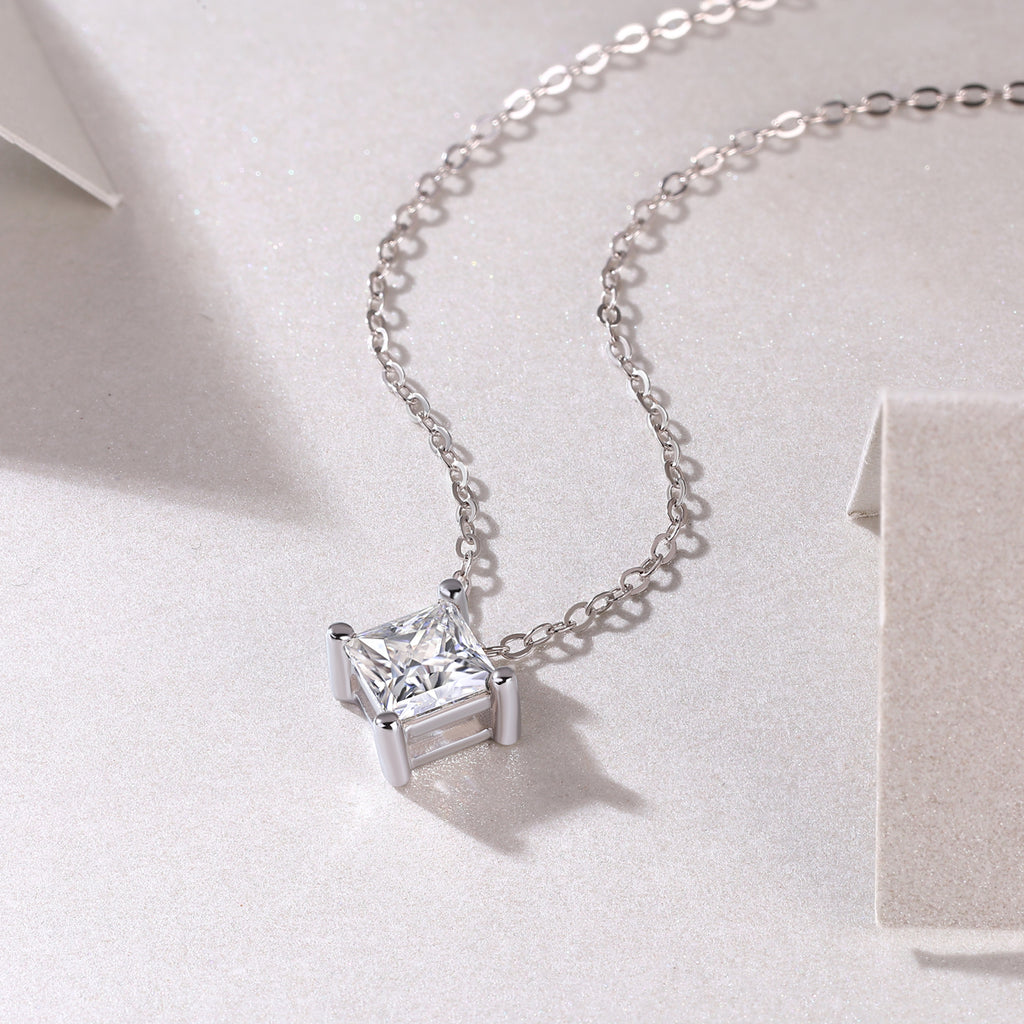 Square Moissanite Sterling Silver Pendant Necklace