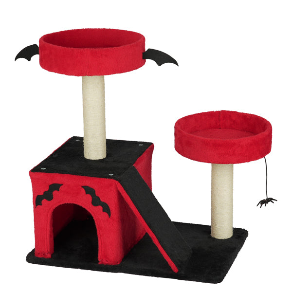 Gothic Cat Tree - Red & Black Halloween Cat Tower with Bat Wings