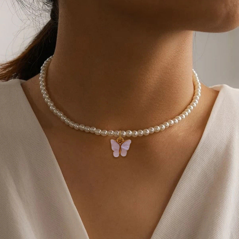 Elegant White Pearl with Butterfly Choker Necklace
