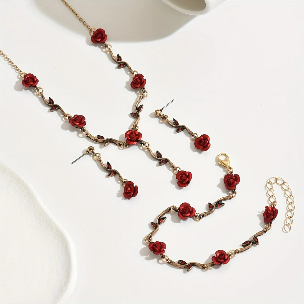 Red Rose Necklace, Bracelet & Earring Set