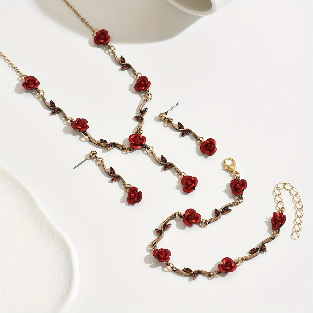 Red Rose Necklace, Bracelet & Earring Set