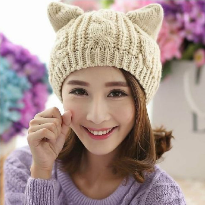 Handmade 3D Cute Knitted Cat Ear Beanie - Various Colors