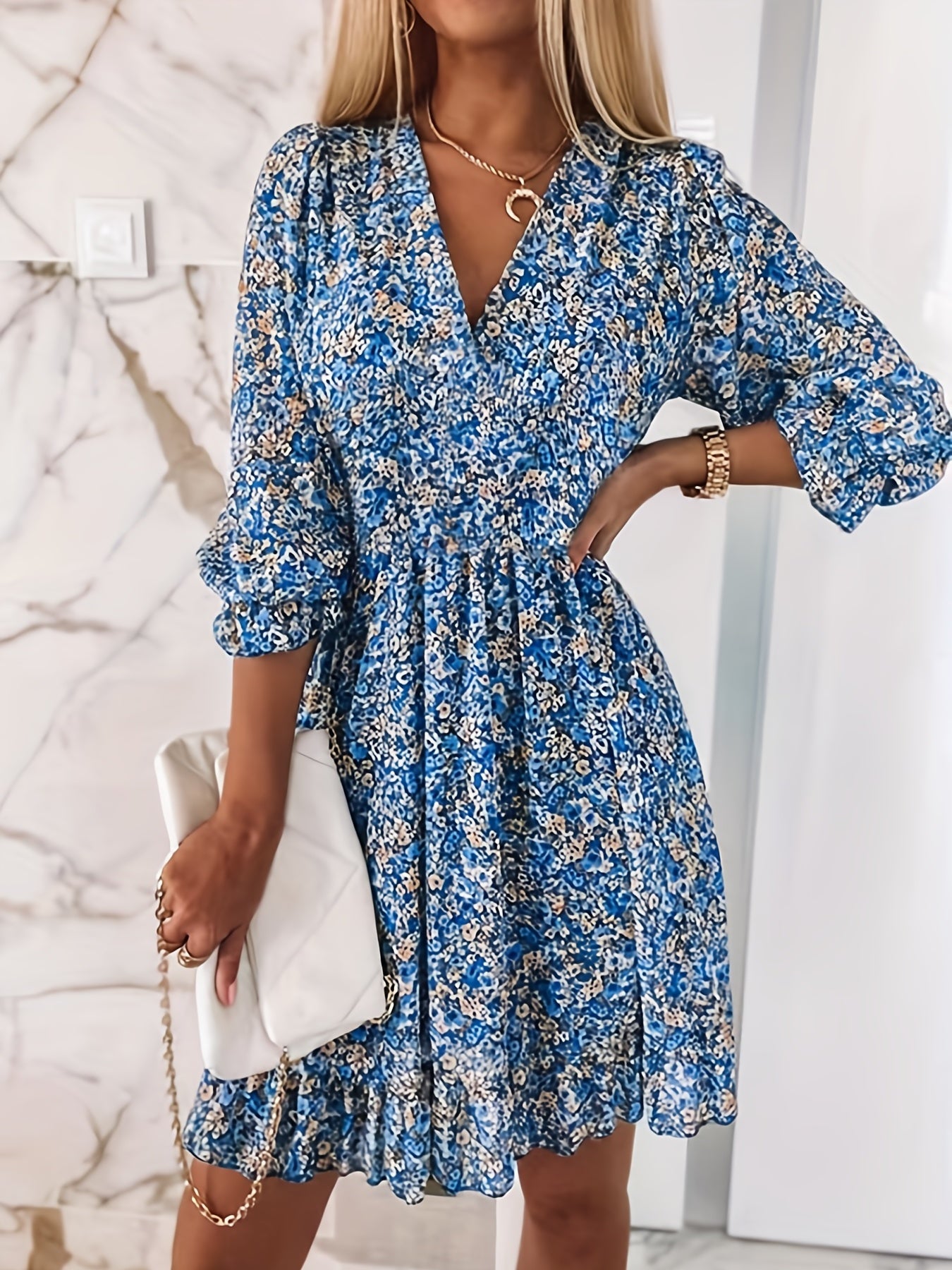 Floral V-Neck Dress with Ruffled Sleeves - Elegant A-Line Swing Dress