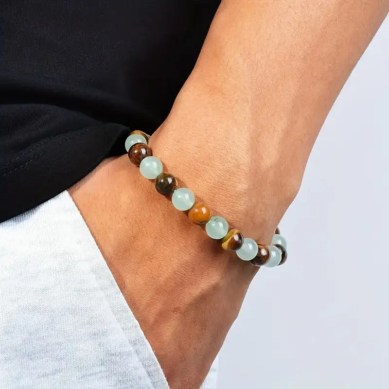Natural Tiger Eye and Green Jade Gemstone Bracelet