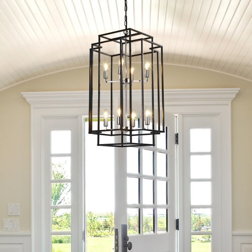 8-Light Industrial Farmhouse Chandelier - Black & Chrome Tiered Pendant