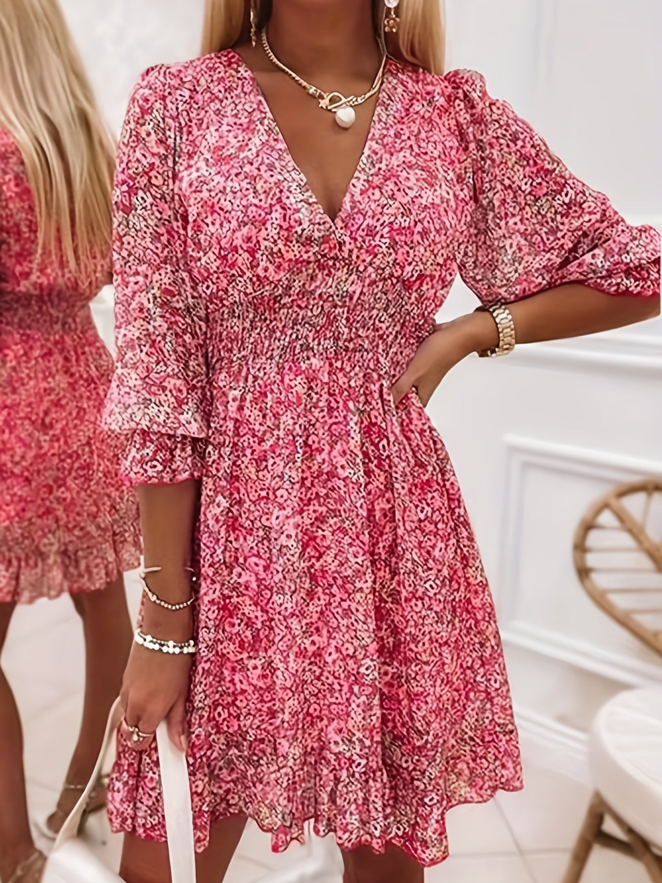 Floral V-Neck Dress with Ruffled Sleeves - Elegant A-Line Swing Dress