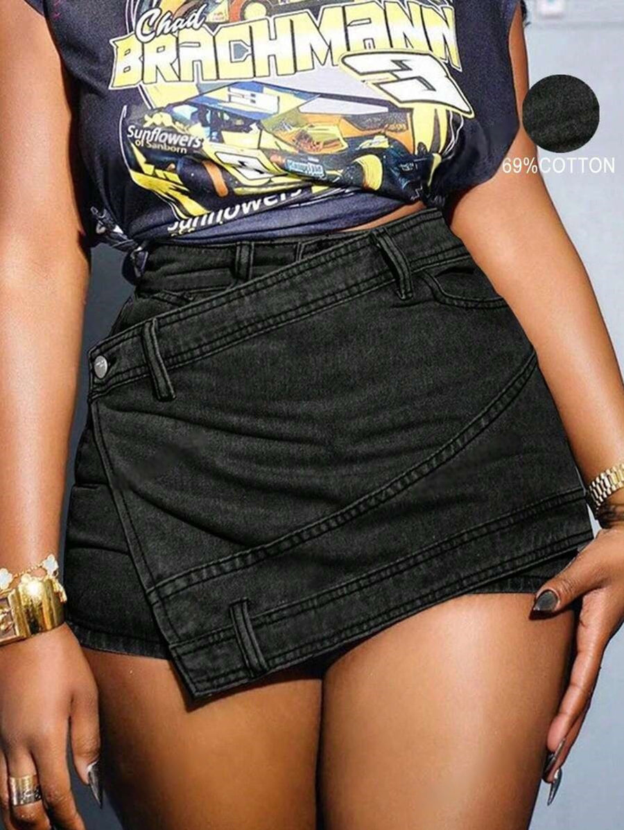 Grunge Denim Skort - Asymmetric Wrap Style with Stretchy Fit