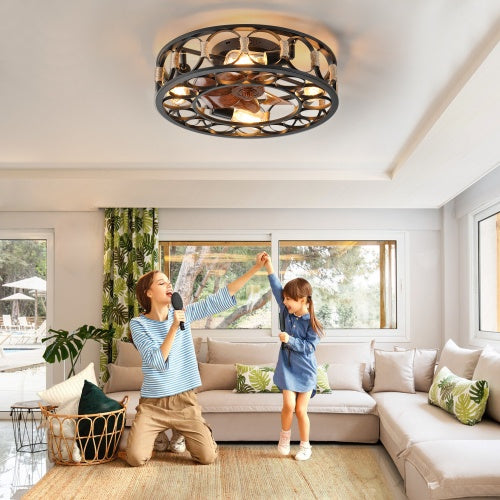 Farmhouse Cage Ceiling Fan with LED Light & Remote - Low Profile