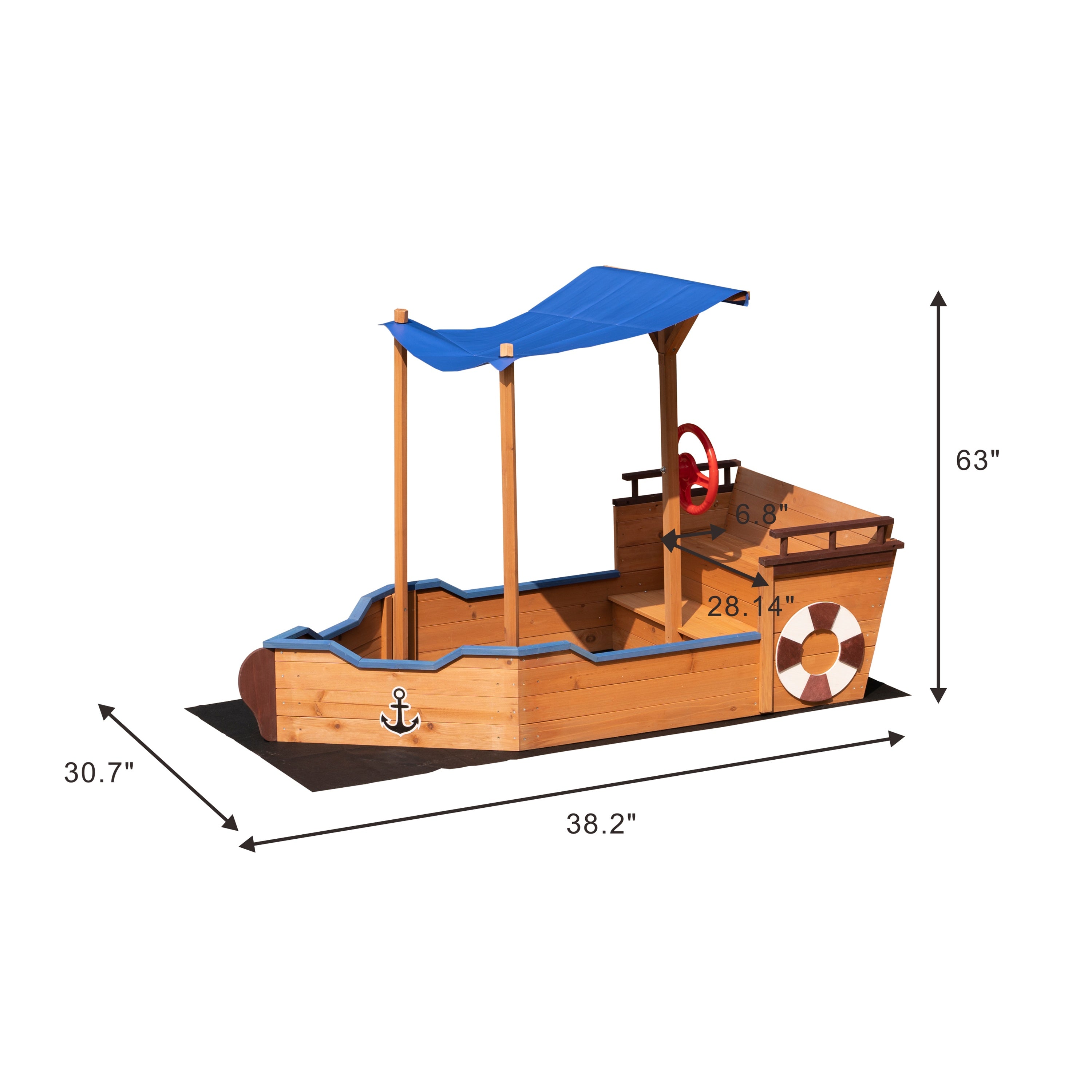 Boat-Shaped Wooden Sandbox with Canopy and Storage Bench