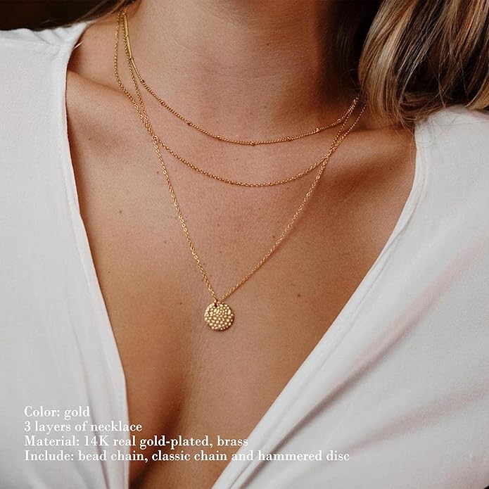 3-Piece 14K Gold Plated Layered Necklace Set – Hammered Disc, Pearl Bead & Bar