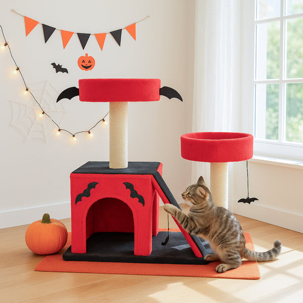 Gothic Cat Tree - Red & Black Halloween Cat Tower with Bat Wings