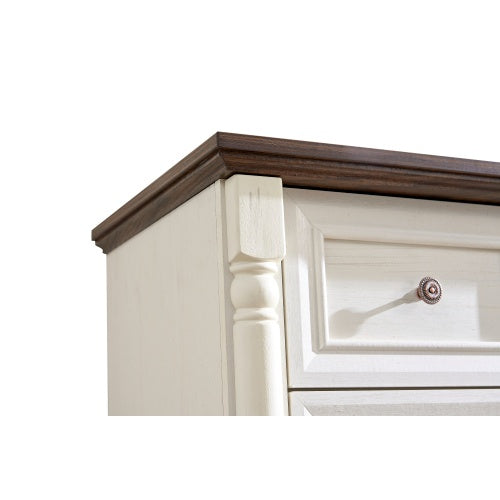 Farmhouse 5-Drawer Dresser - Rustic Walnut Chest with Wooden Base & Antique Pulls