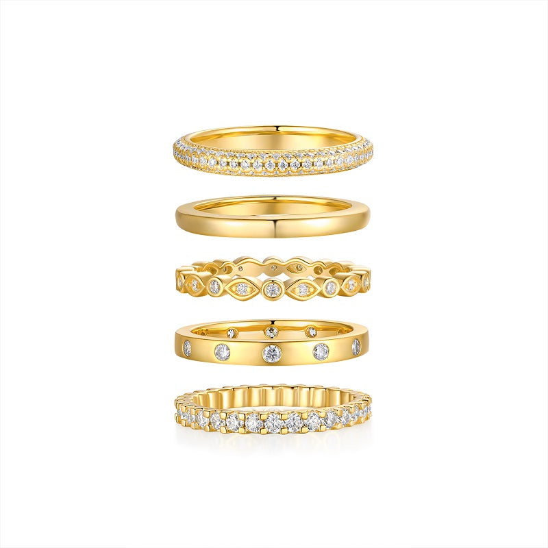 Moissanite Ring Set - 5 Piece Gold-Plated Sterling Silver Collection