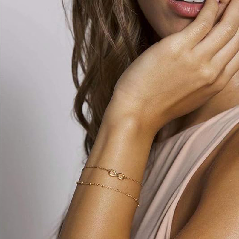 Dainty 14K Gold Plated Layered Evil Eye & Pearl Charm Bracelet