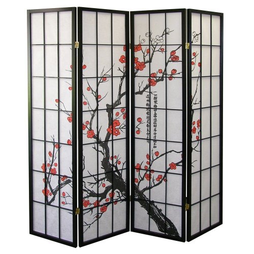 4-Panel Japanese Room Divider - Plum Blossom Design