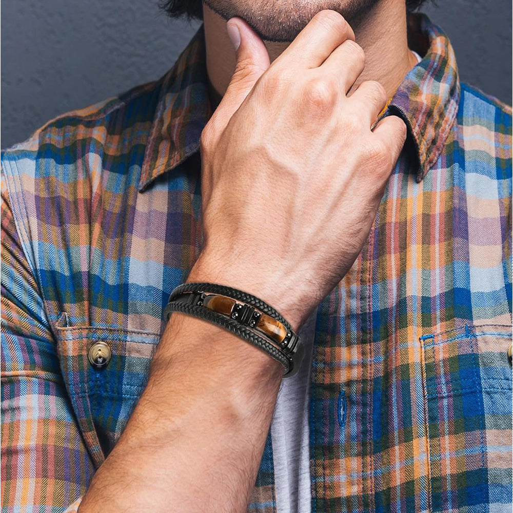 Natural Tiger Eye Stone & Leather Braided Healing Bracelet