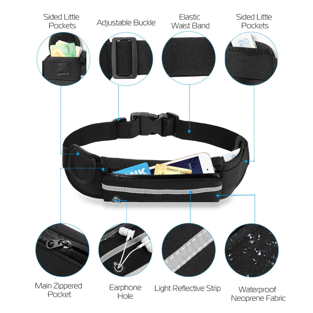 Waterproof Running Belt with 3 Pockets - Adjustable Waist Pack