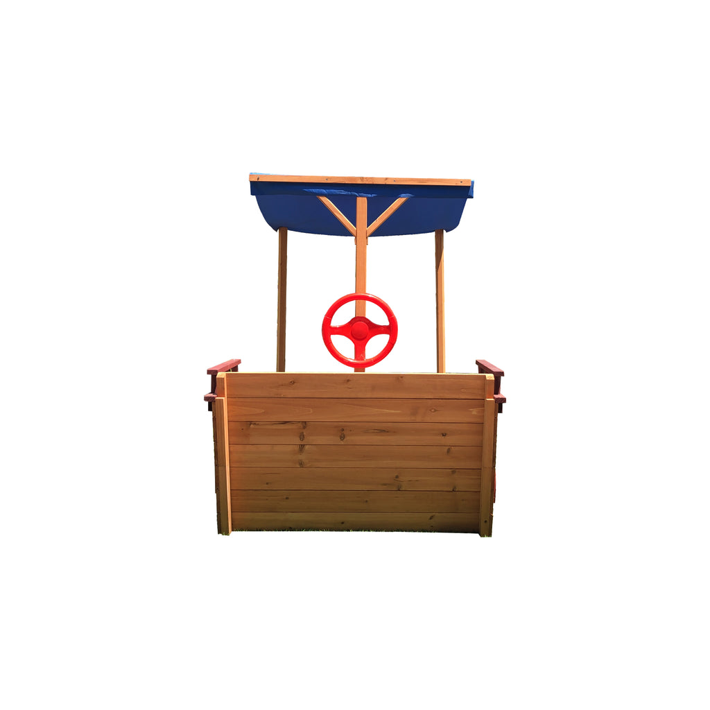 Boat-Shaped Wooden Sandbox with Canopy and Storage Bench