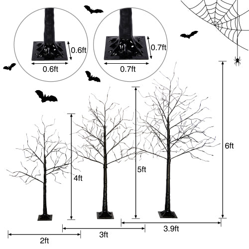 3-Pack Halloween Spooky Trees with Purple LED Lights - 4ft, 5ft & 6ft Black Trees