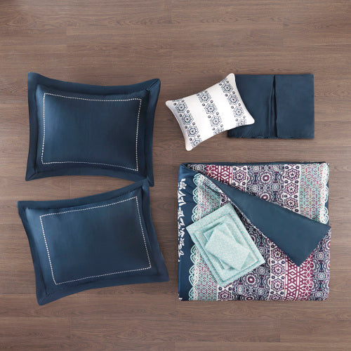 Queen Boho Comforter & Sheet Set - Navy Medallion Print Bedding